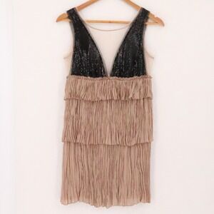 BCBGMAXAZRIA Averil Flapper Dress Size XXS Black Sequin Tiered Pleated Illussion